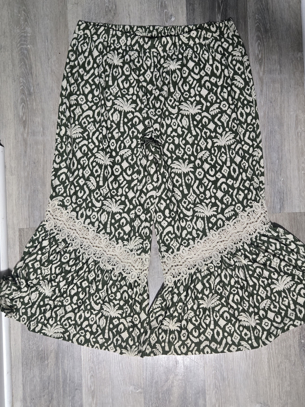Tropical Print Olive Green Boho Lace Wide Leg Palazzo Pants 22/24W